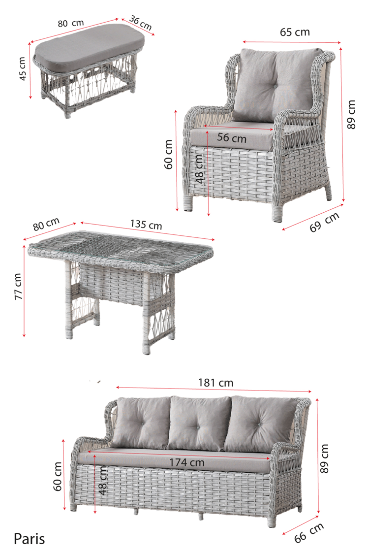 Evdemo Paris Rattan Puflu Bahçe Balkon Takımı 3+1+1 Cam Masalı Gri