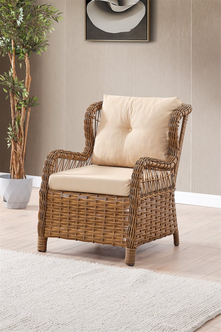 Evdemo Paris Rattan Puflu Bahçe Balkon Takımı 3+1+1 Cam Masalı Kahve