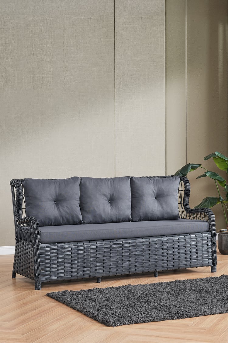 Evdemo Paris Rattan Puflu Bahçe Balkon Takımı 3+1+1 Cam Masalı Antrasit