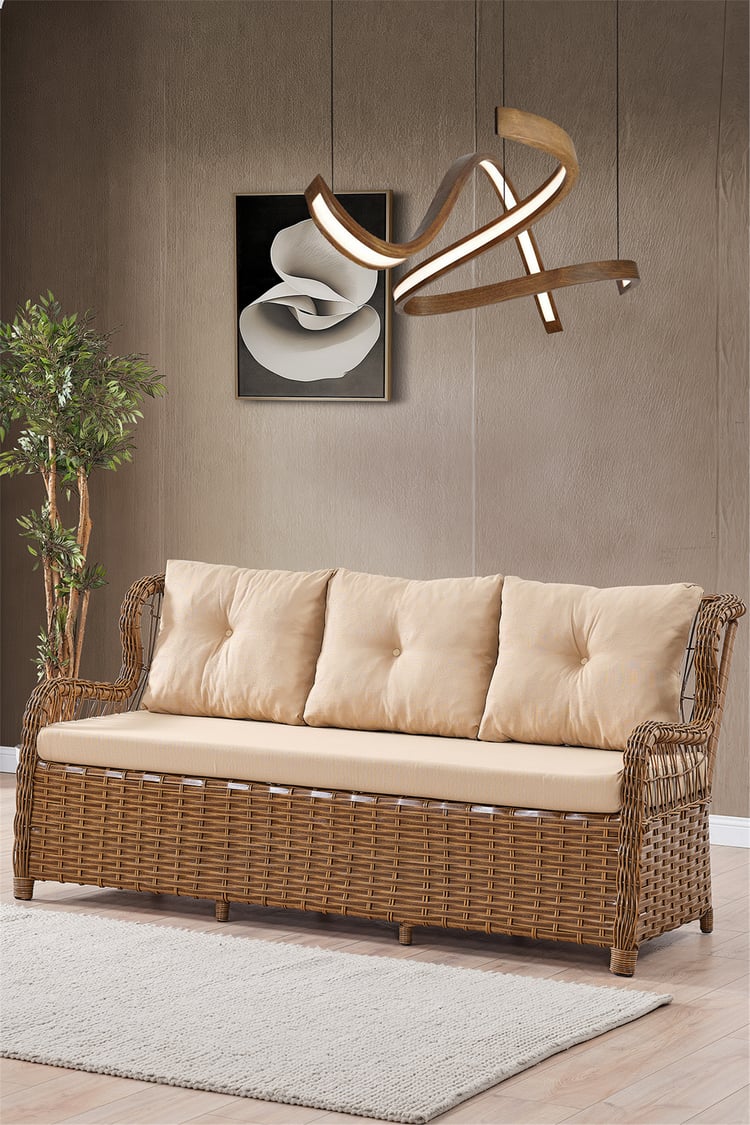 Evdemo Paris Rattan Puflu Bahçe Balkon Takımı 3+1+1 Cam Masalı Kahve