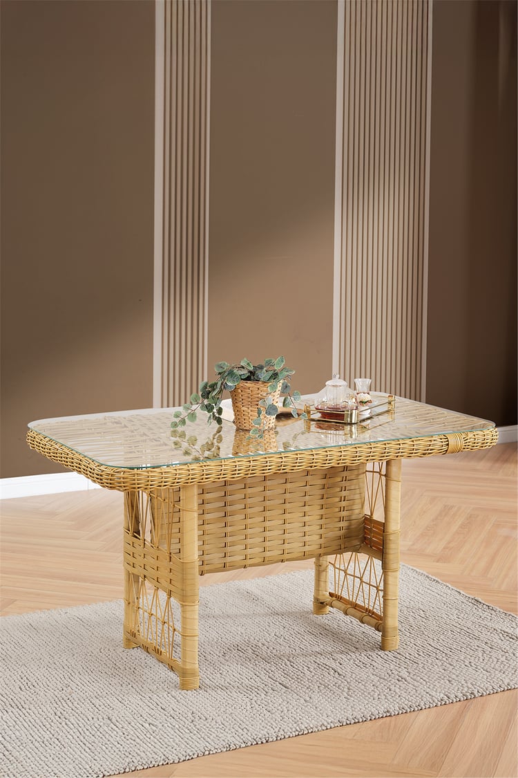 Evdemo Paris Rattan Puflu Bahçe Balkon Takımı 3+1+1 Cam Masalı Cappuccino