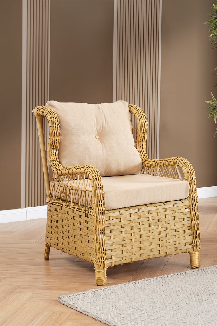 Evdemo Paris Rattan Puflu Bahçe Balkon Takımı 3+1+1 Cam Masalı Cappuccino