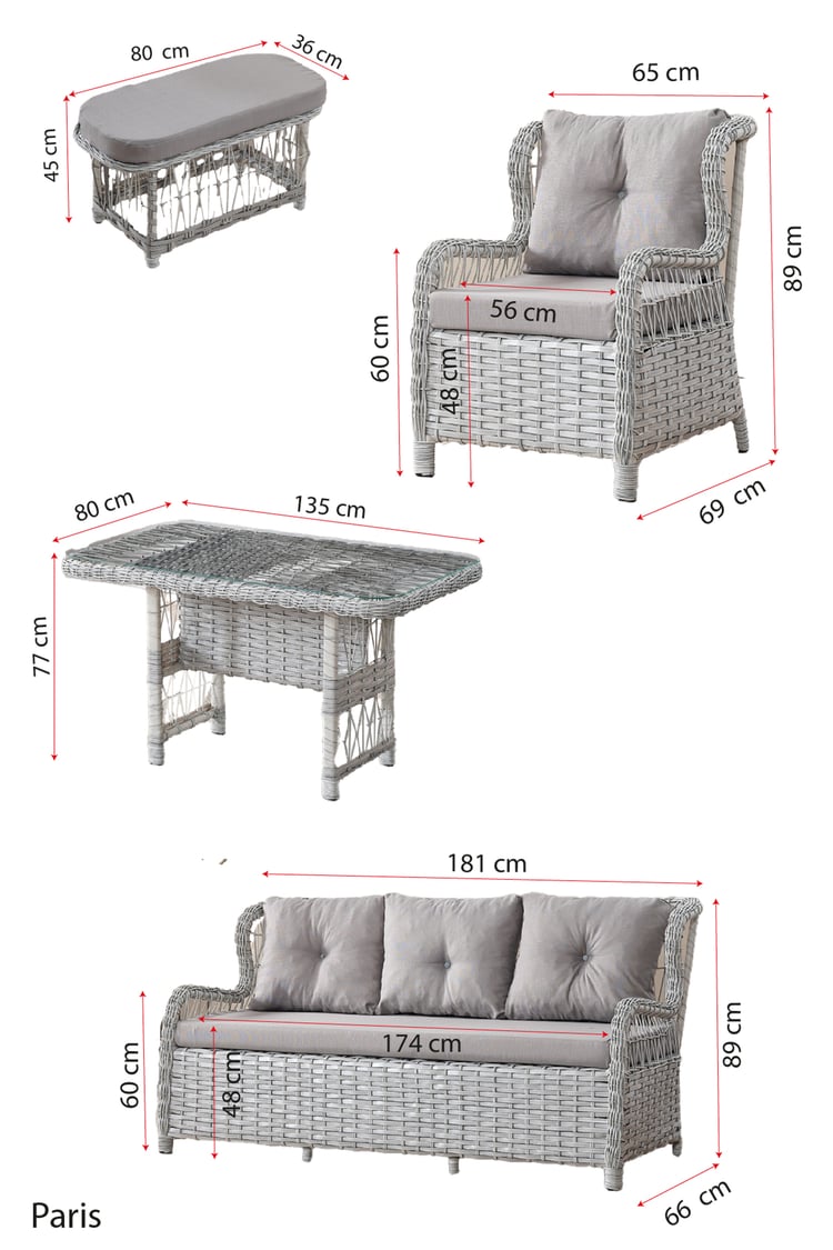 Evdemo Paris Rattan Puflu Bahçe Balkon Takımı 3+1+1 Cam Masalı Kahve