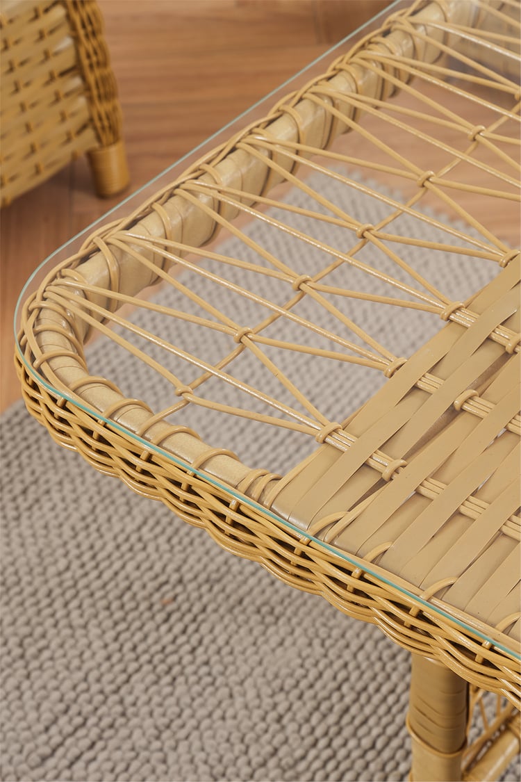 Evdemo Paris Rattan Puflu Bahçe Balkon Takımı 3+1+1 Cam Masalı Cappuccino