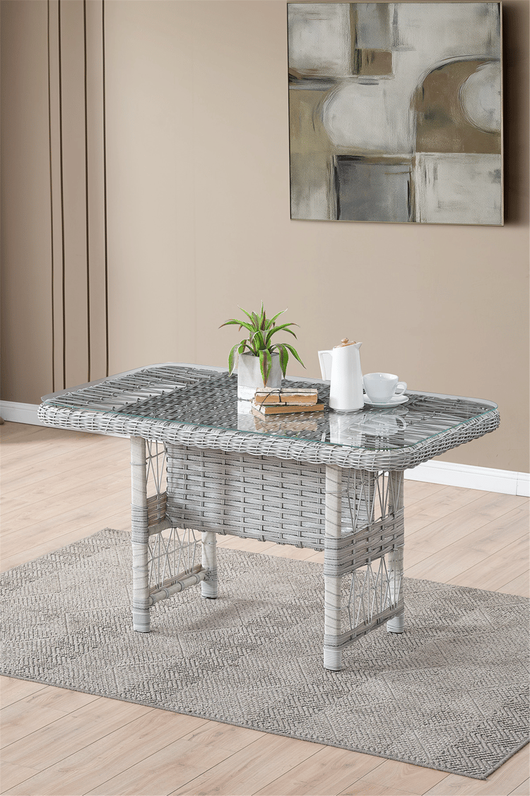 Evdemo Paris Rattan Puflu Bahçe Balkon Takımı 3+1+1 Cam Masalı Gri