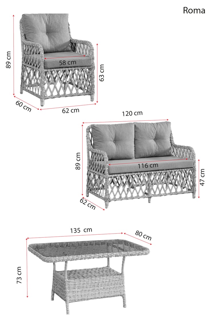 Evdemo Roma Rattan Bahçe Balkon Takımı 2+1+1 Cam Masalı Gri