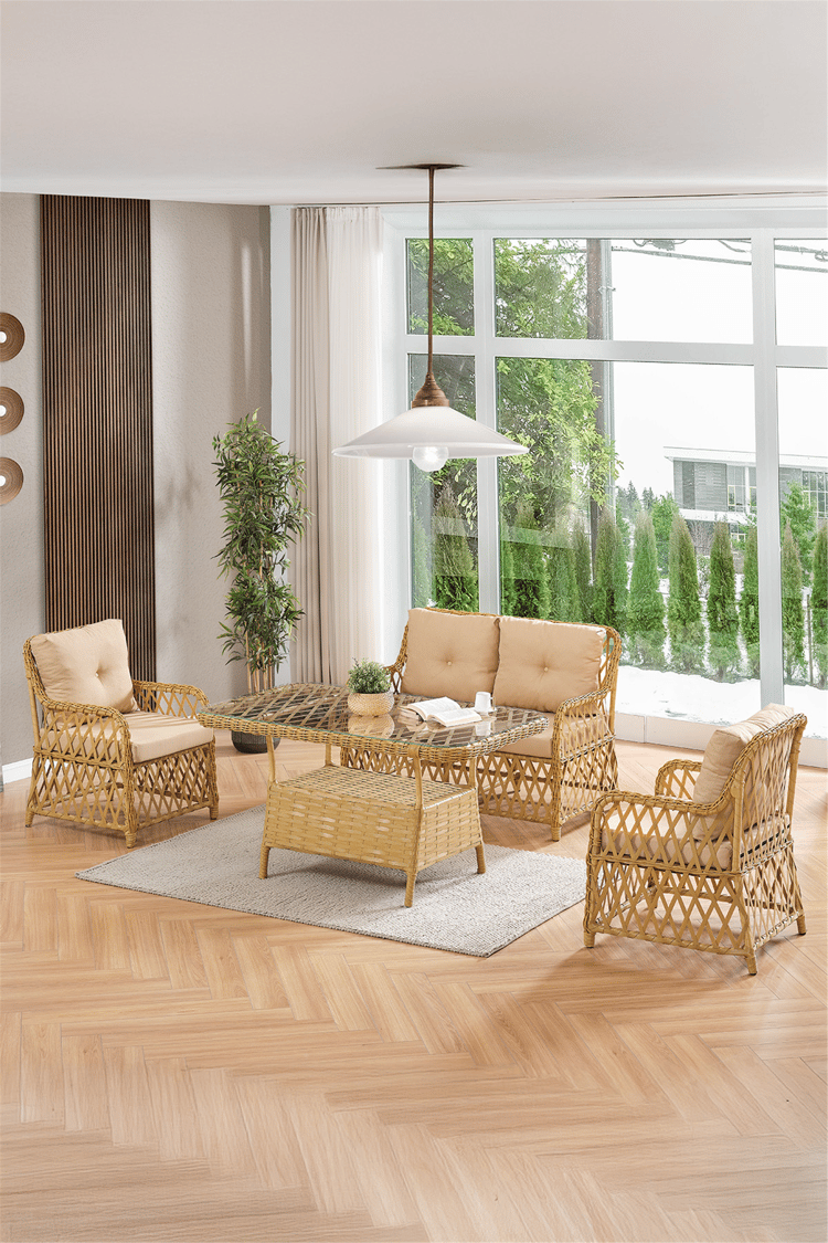 Evdemo Roma Rattan Bahçe Balkon Takımı 2+1+1 Cam Masalı Cappuccino