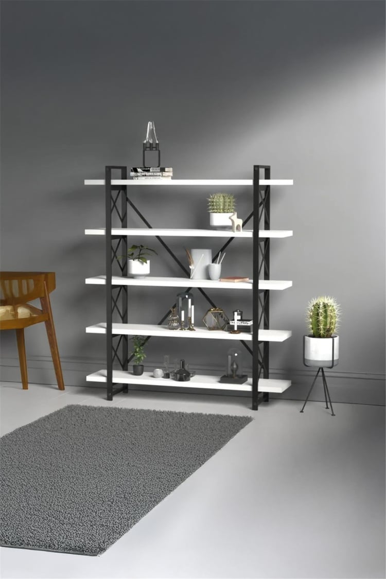 Evdemo Wood Metal Kitaplık Beyaz