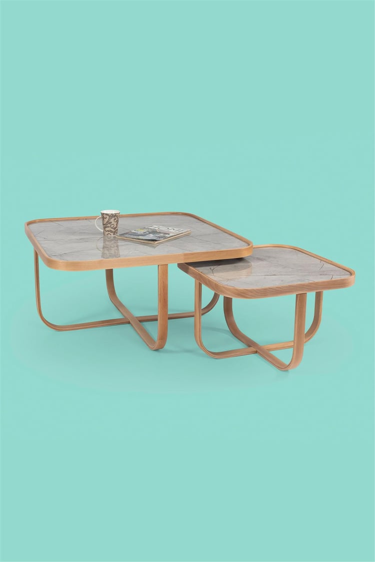 Eymense Hisar Gri Mermerli Meşe Yan Sehpalı İkili Orta Sehpa Gri