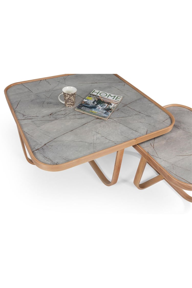 Eymense Hisar Gri Mermerli Meşe Yan Sehpalı İkili Orta Sehpa Gri