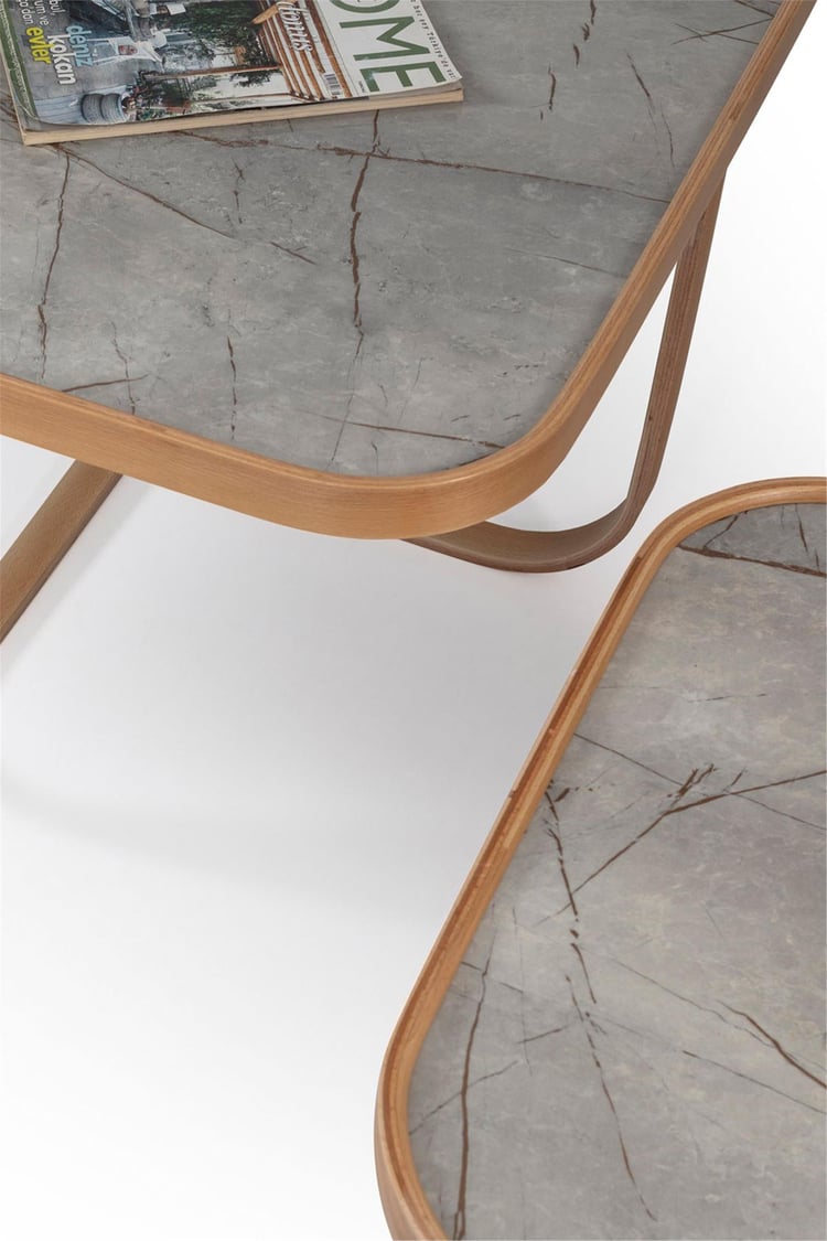 Eymense Hisar Gri Mermerli Meşe Yan Sehpalı İkili Orta Sehpa Gri