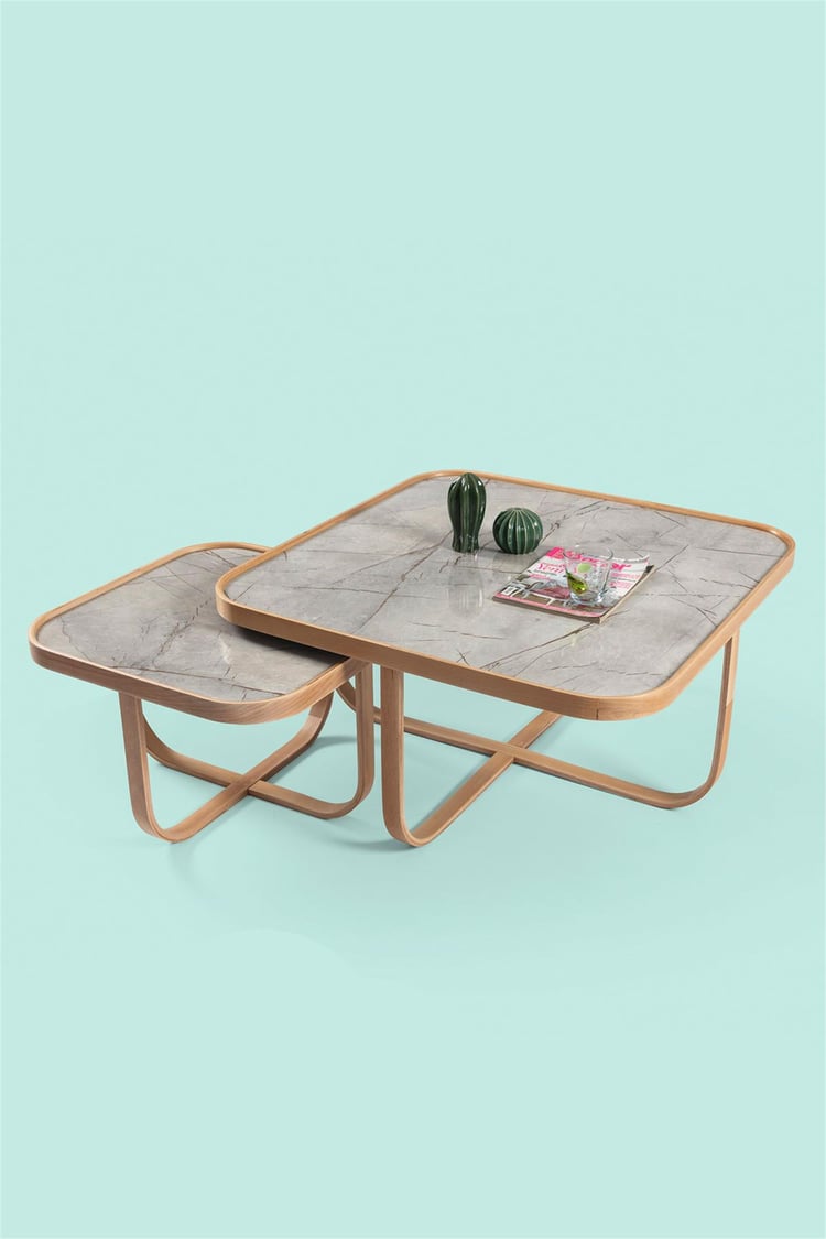 Eymense Hisar Gri Mermerli Meşe Yan Sehpalı İkili Orta Sehpa Gri