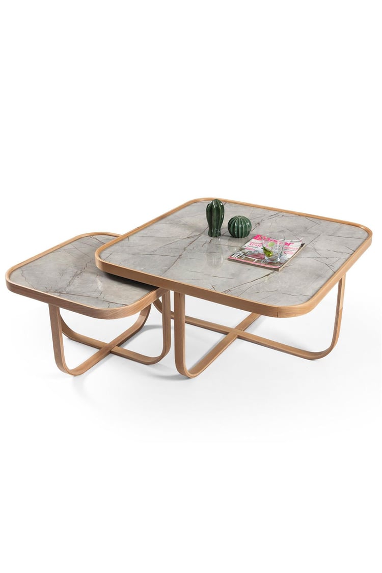 Eymense Hisar Gri Mermerli Meşe Yan Sehpalı İkili Orta Sehpa Gri