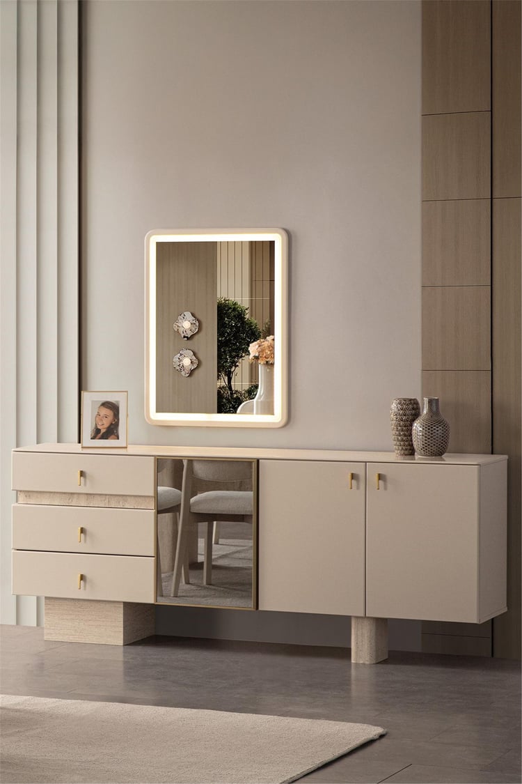 Eymense Kyoto Aynalı Yemek Odası Konsolu Krem