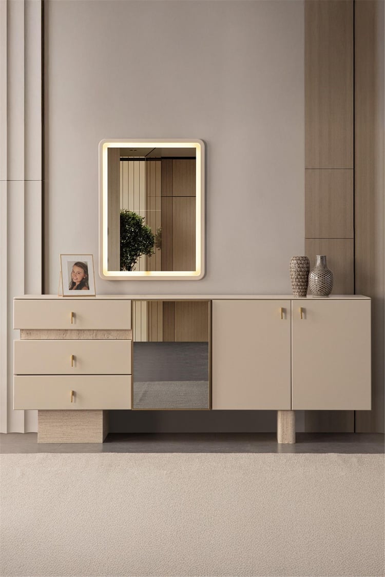 Eymense Kyoto Aynalı Yemek Odası Konsolu Krem