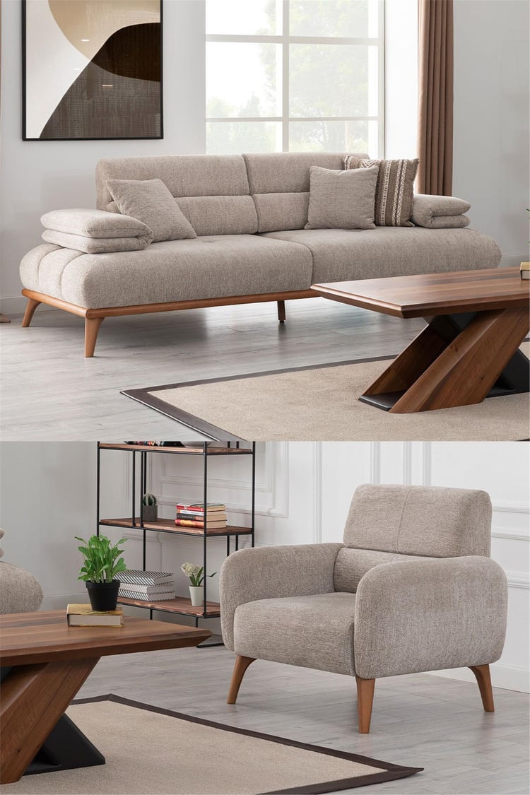 Eymense Monza Sırt Mekanizmalı Koltuk Takımı 3+1 Krem