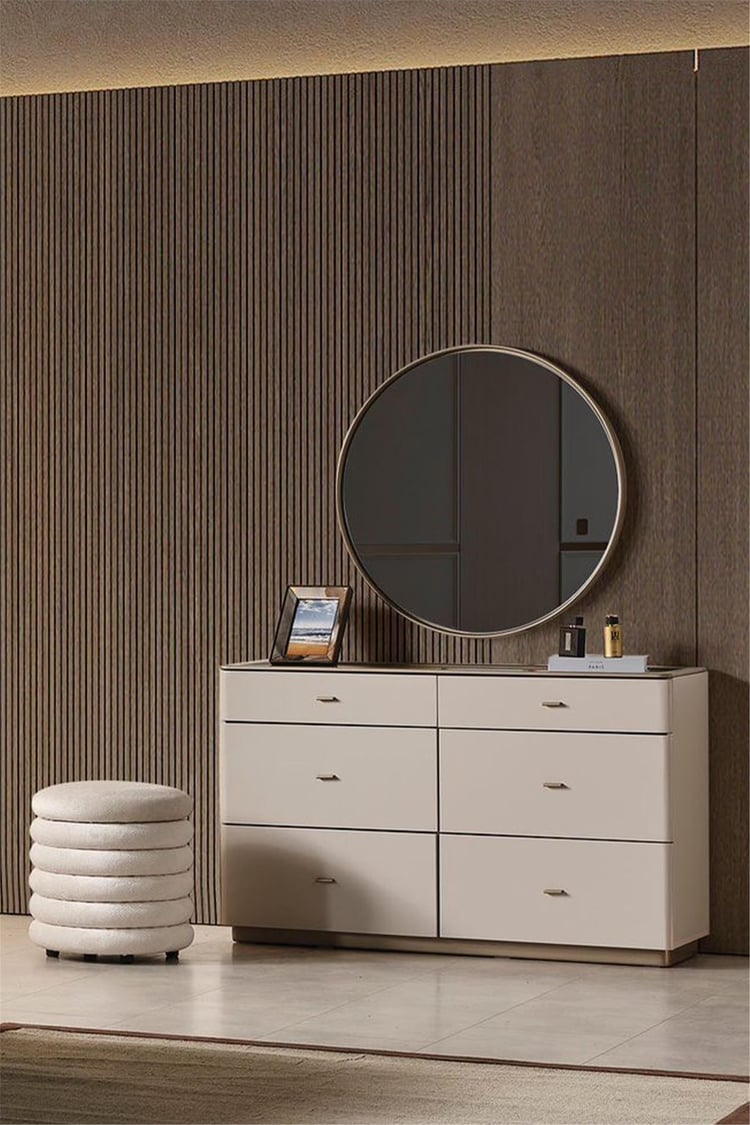 Eymense Oltu Aynalı Puflu Şifonyer Bej