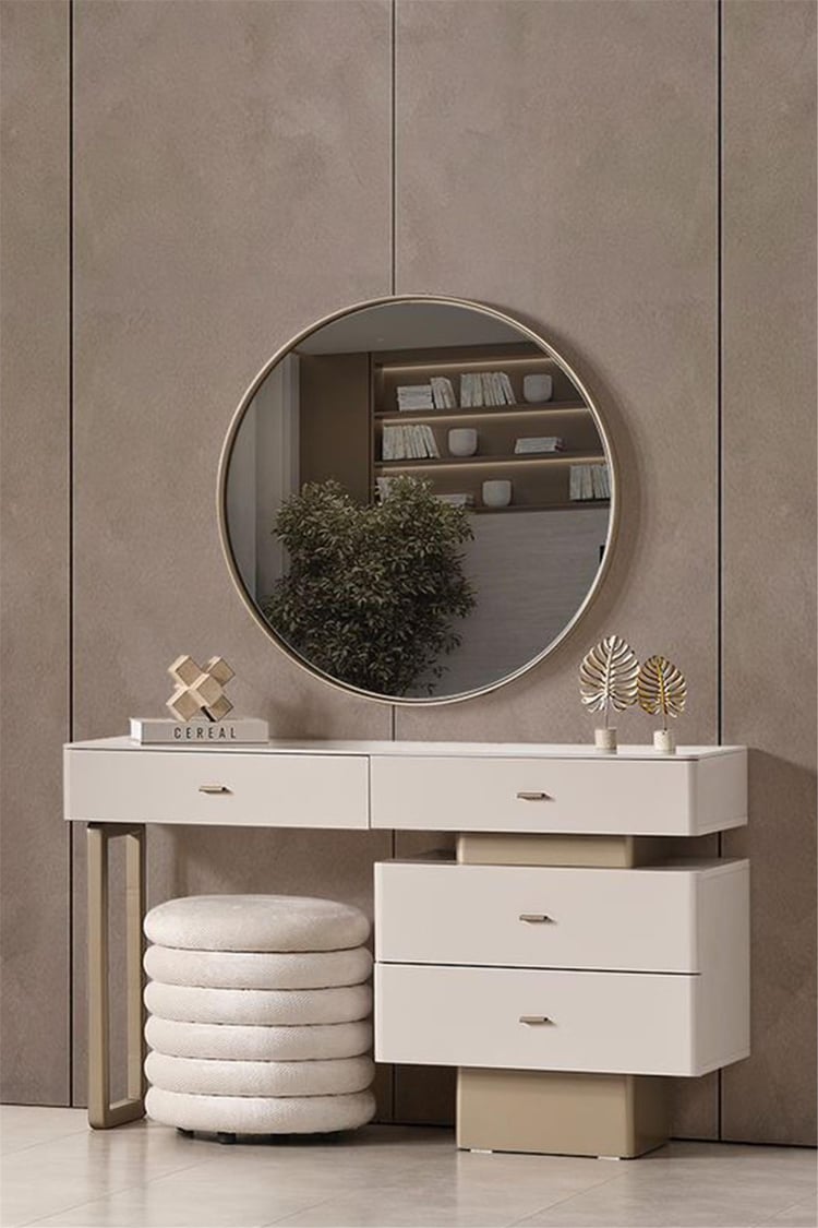 Eymense Silvar Aynalı Puflu Şifonyer Bej