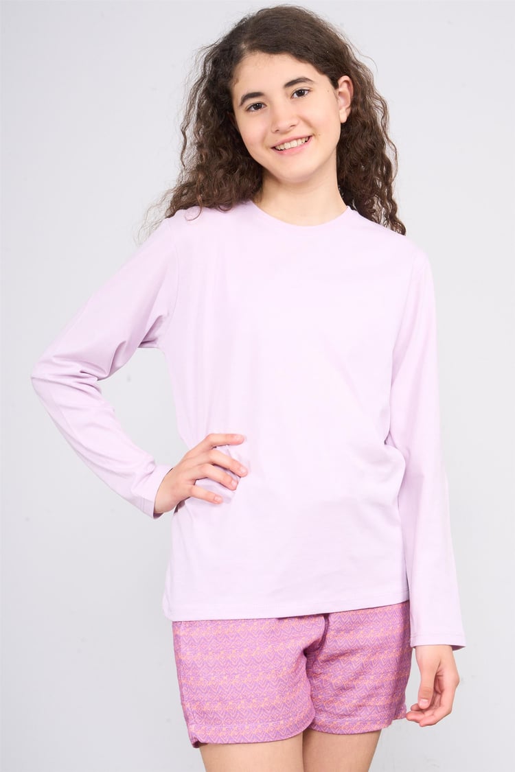 Fit Club 32307 Kız Çocuk Bisiklet Yaka Penye Uzun Kol T-shirt 4-12 Yaş Leylak