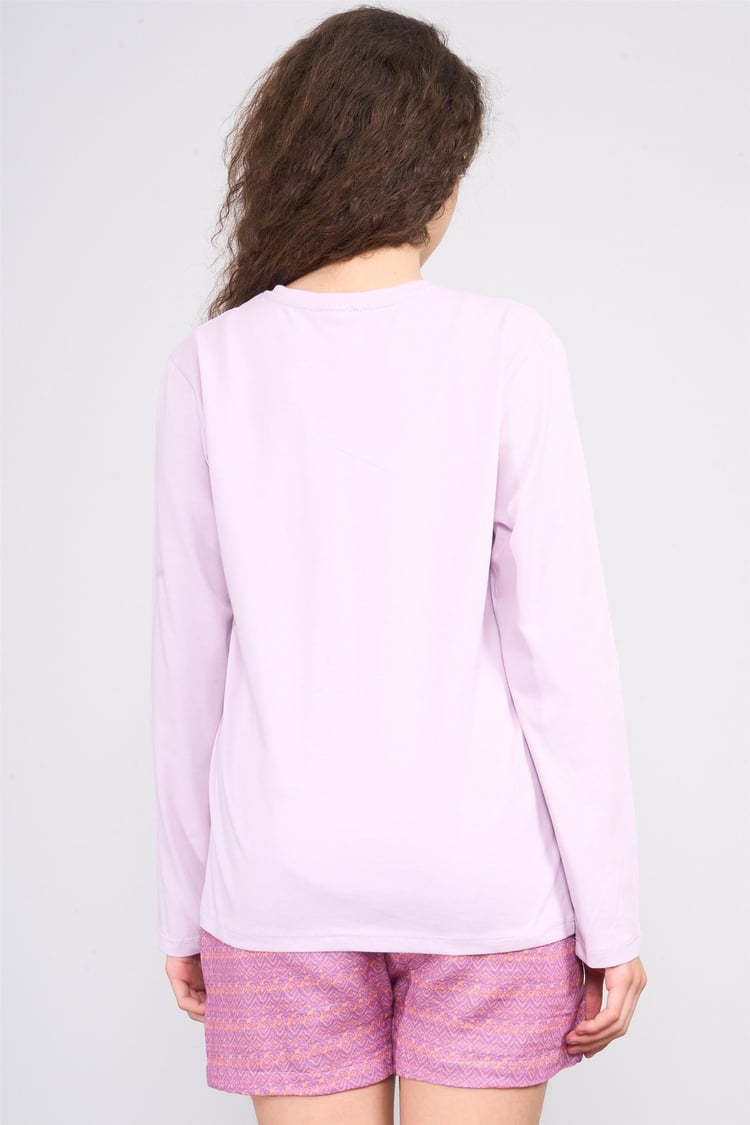 Fit Club 32307 Kız Çocuk Bisiklet Yaka Penye Uzun Kol T-shirt 4-12 Yaş Leylak