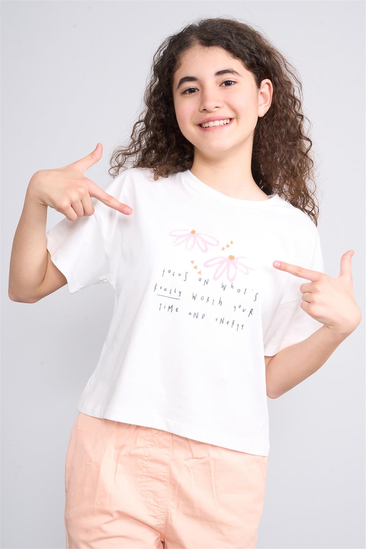 Fit Club 32341 Kız Çocuk Bisiklet Yaka Süprem Baskılı T-shirt 4-12 Yaş Ekru