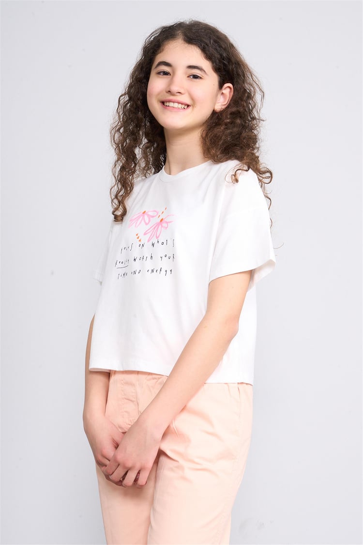 Fit Club 32341 Kız Çocuk Bisiklet Yaka Süprem Baskılı T-shirt 4-12 Yaş Ekru