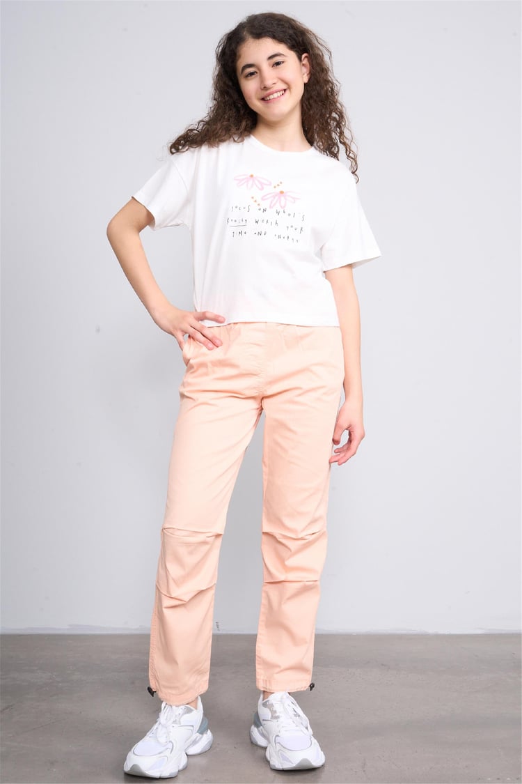 Fit Club 32341 Kız Çocuk Bisiklet Yaka Süprem Baskılı T-shirt 4-12 Yaş Ekru