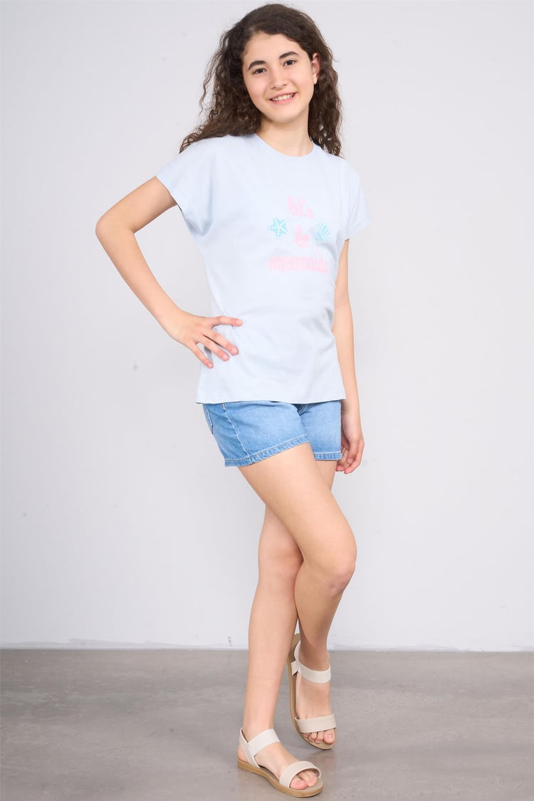 Fit Club 32380 Kız Çocuk Bisiklet Yaka Süprem Baskılı T-shirt 4-12 Yaş Buz Mavi