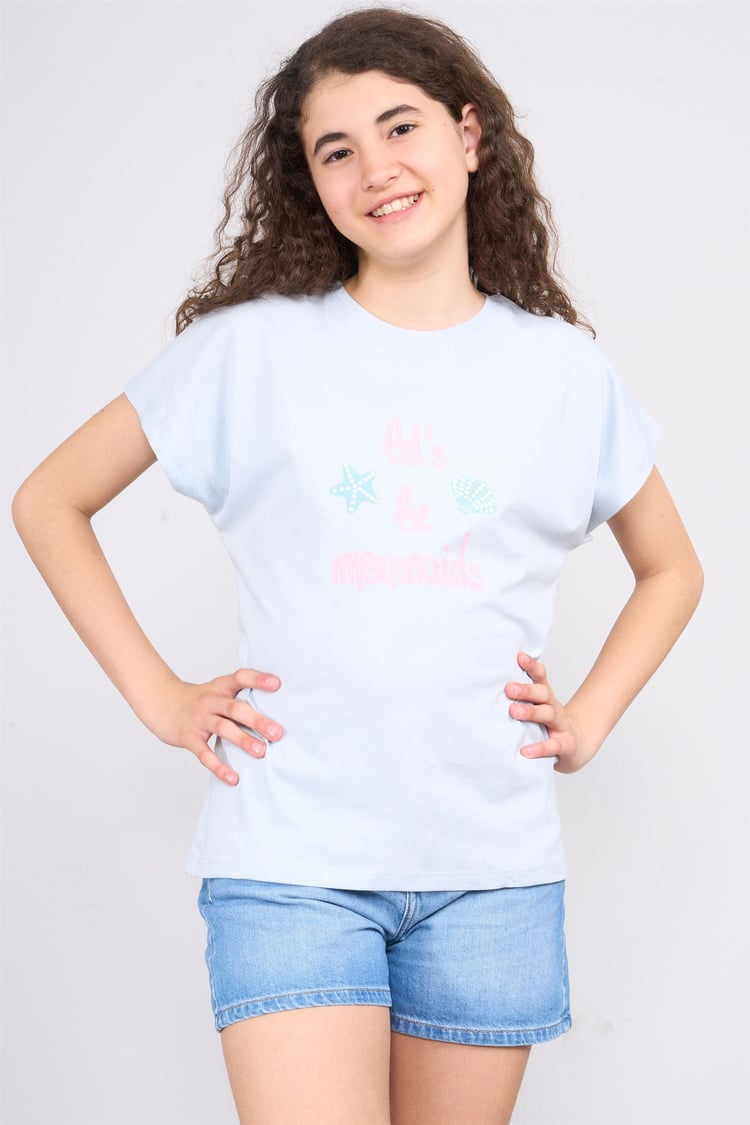 Fit Club 32380 Kız Çocuk Bisiklet Yaka Süprem Baskılı T-shirt 4-12 Yaş Buz Mavi