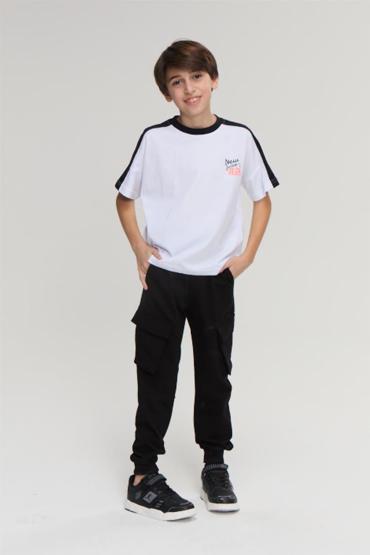 Fit Club 32393 Erkek Çocuk Bisiklet Yaka Penye Baskılı T-shirt 4-12 Yaş Beyaz