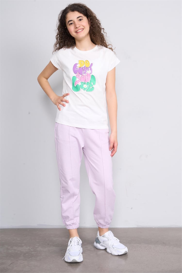 Fit Club 32506 Kız Çocuk Bisiklet Yaka Penye T-shirt 4-12 Yaş Ekru