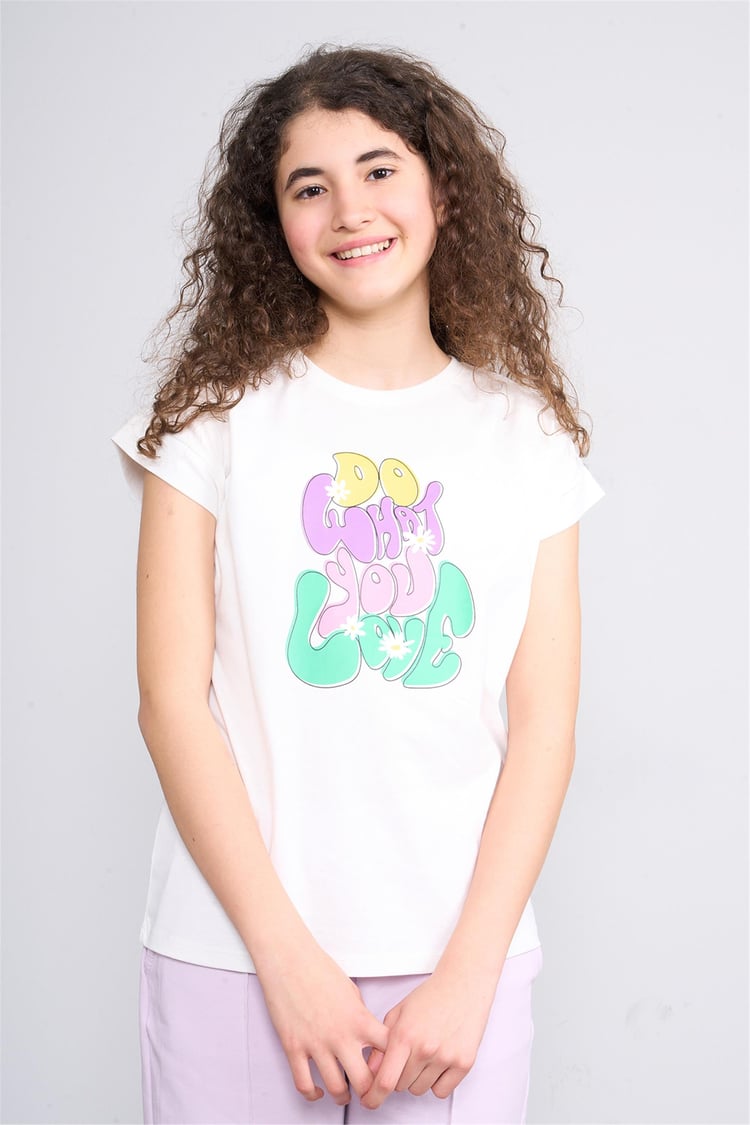 Fit Club 32506 Kız Çocuk Bisiklet Yaka Penye T-shirt 4-12 Yaş Ekru