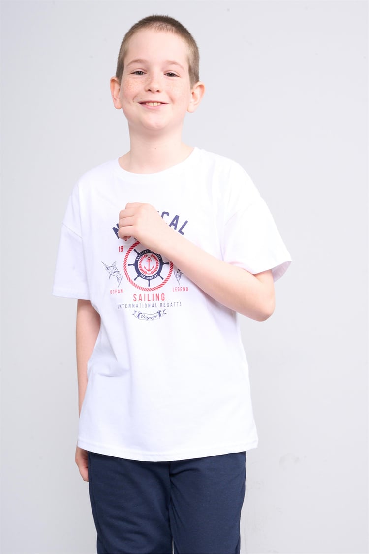 Fit Club 32532 Erkek Çocuk Bisiklet Yaka Openend Baskılı T-shirt 4-12 Yaş Beyaz