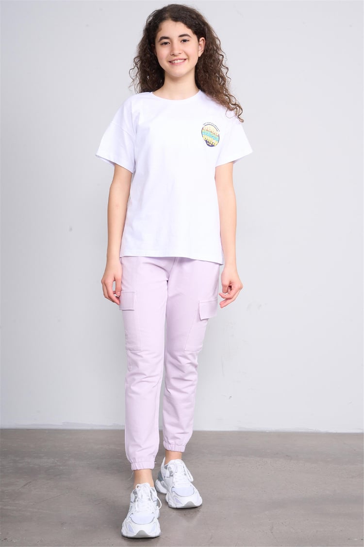 Fit Club 32544 Kız Çocuk Bisiklet Yaka Openend Baskılı T-shirt 4-12 Yaş Beyaz