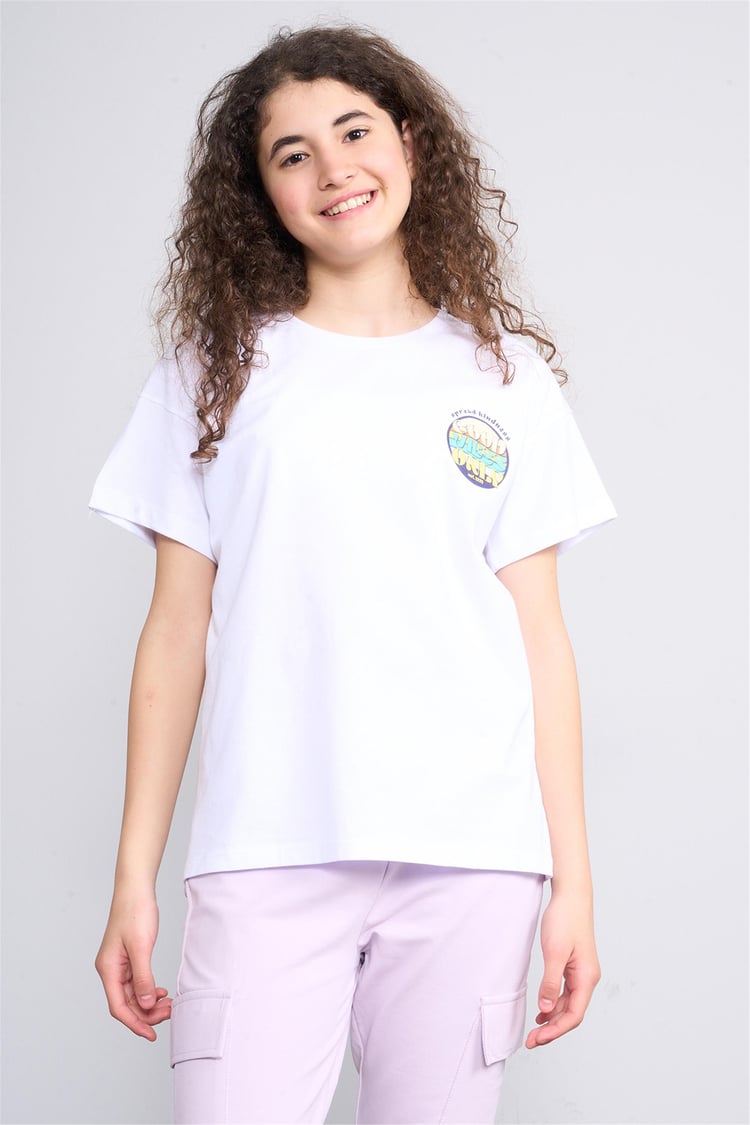 Fit Club 32544 Kız Çocuk Bisiklet Yaka Openend Baskılı T-shirt 4-12 Yaş Beyaz