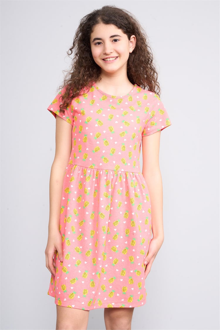 Fit Club 35638 Kız Çocuk Bisiklet Yaka Openend Elbise 4-12 Yaş Ananas Desen