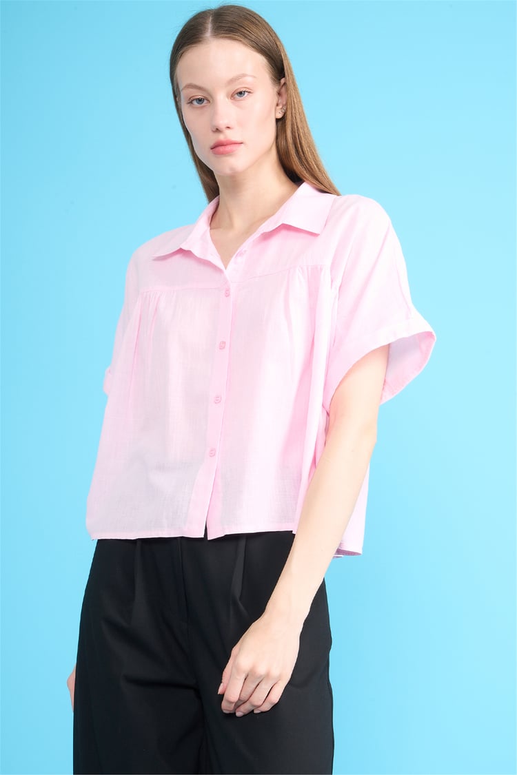 Fithit 1338 Kadın Kısa Kol Pamuk Flam Crop Gömlek Toz Pembe
