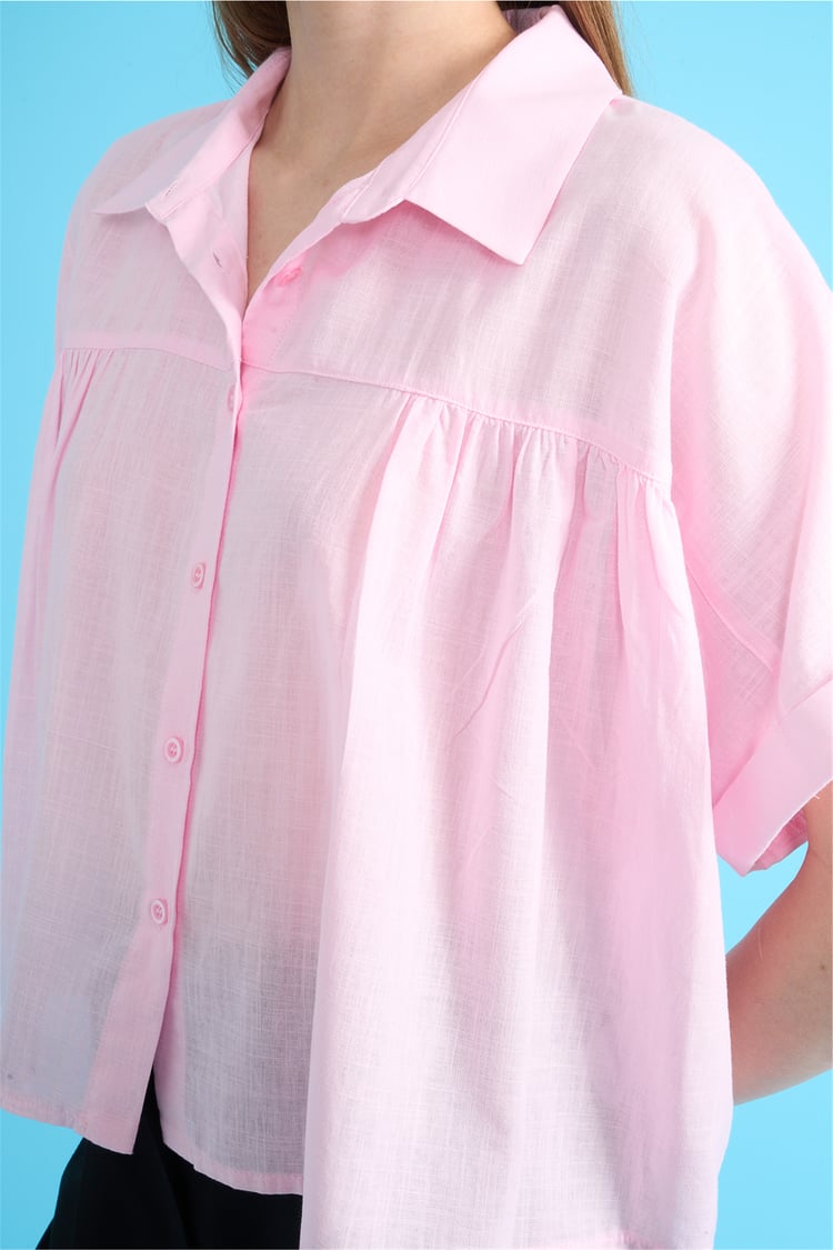 Fithit 1338 Kadın Kısa Kol Pamuk Flam Crop Gömlek Toz Pembe