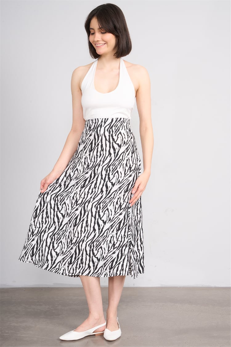 Fithit 4652 Bayan Viskon Regular Çan Etek Beyaz Üzeri Zebra Desen