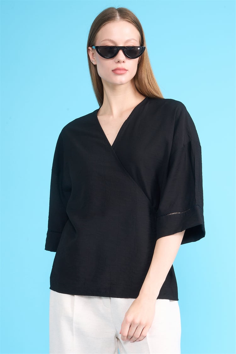 Fithit 5327 Kadın Kruvaze Yaka Kimono Siyah