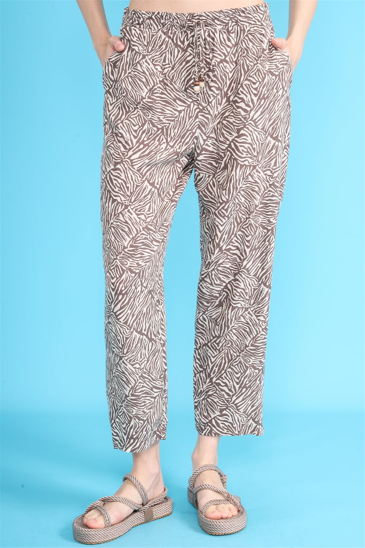 Fithit 7030 Bayan Viskon Dar Paça Pantolon Bej Zebra Desen