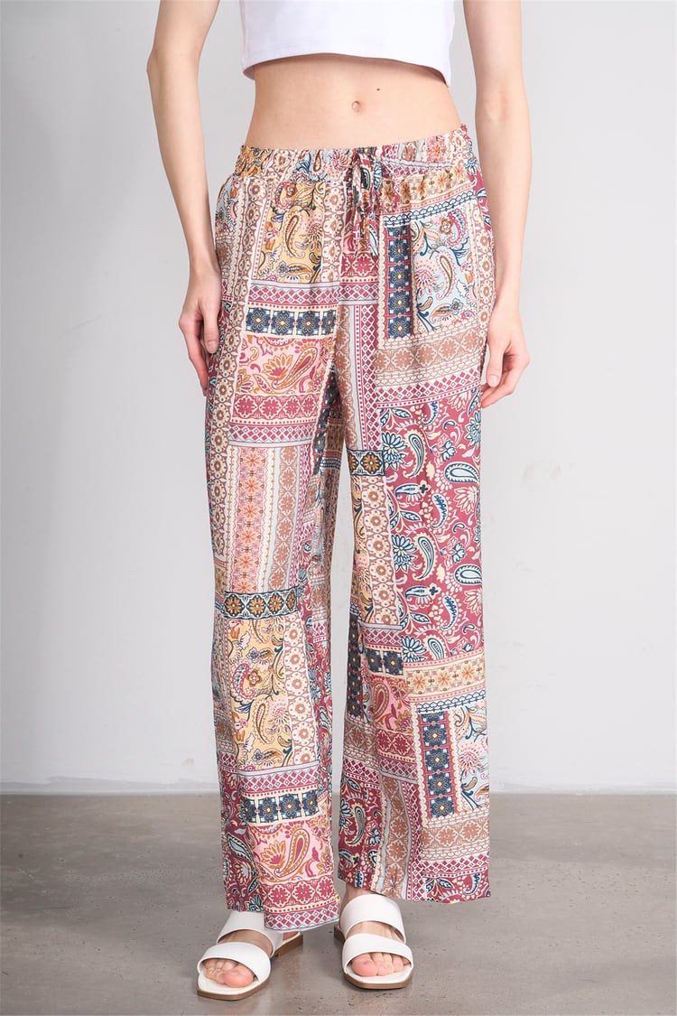 Fithit 7496 Bayan Viskon Geniş Paça Pantolon Patchwork Desen