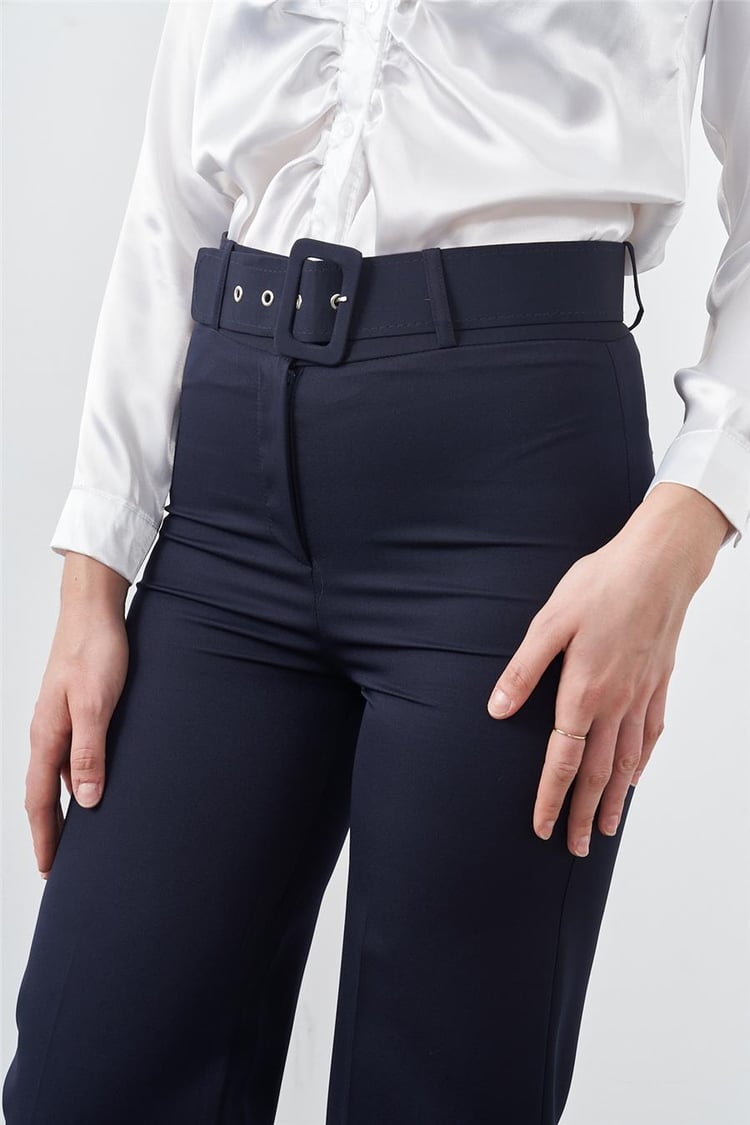 Güler Güleç 0014 Lacivert Kadın Geniş Paça Kemerli Pantolon