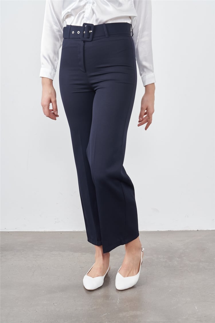 Güler Güleç 0014 Lacivert Kadın Geniş Paça Kemerli Pantolon