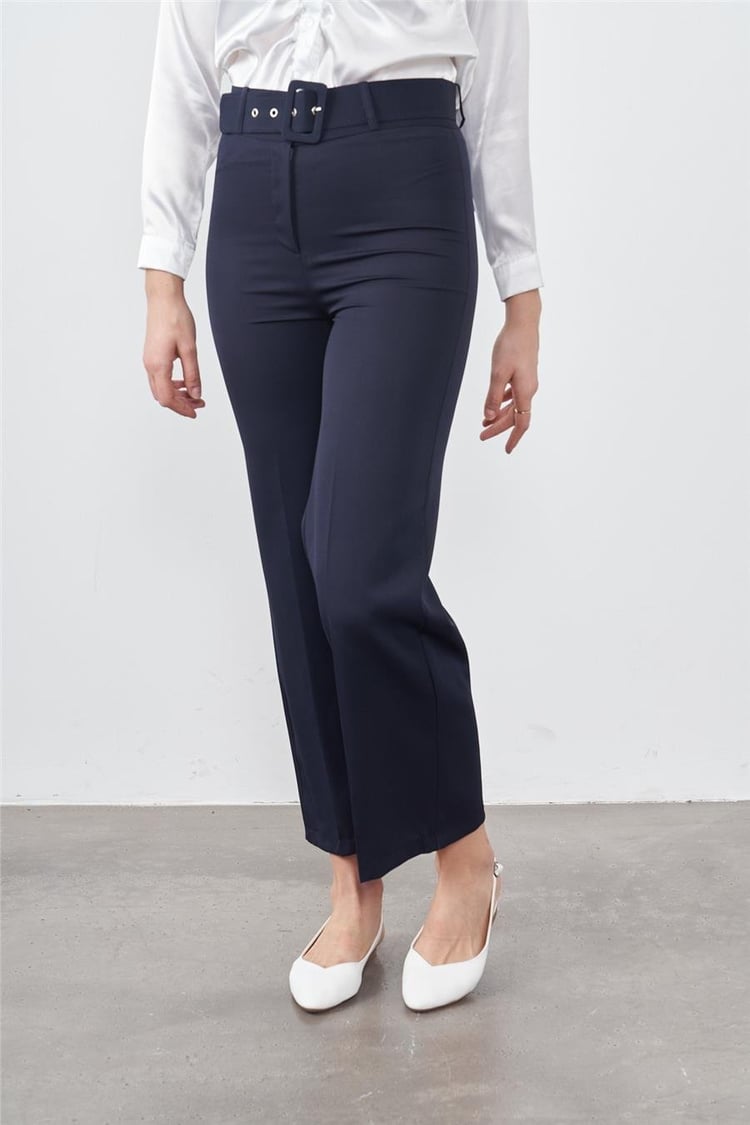 Güler Güleç 0014 Lacivert Kadın Geniş Paça Kemerli Pantolon