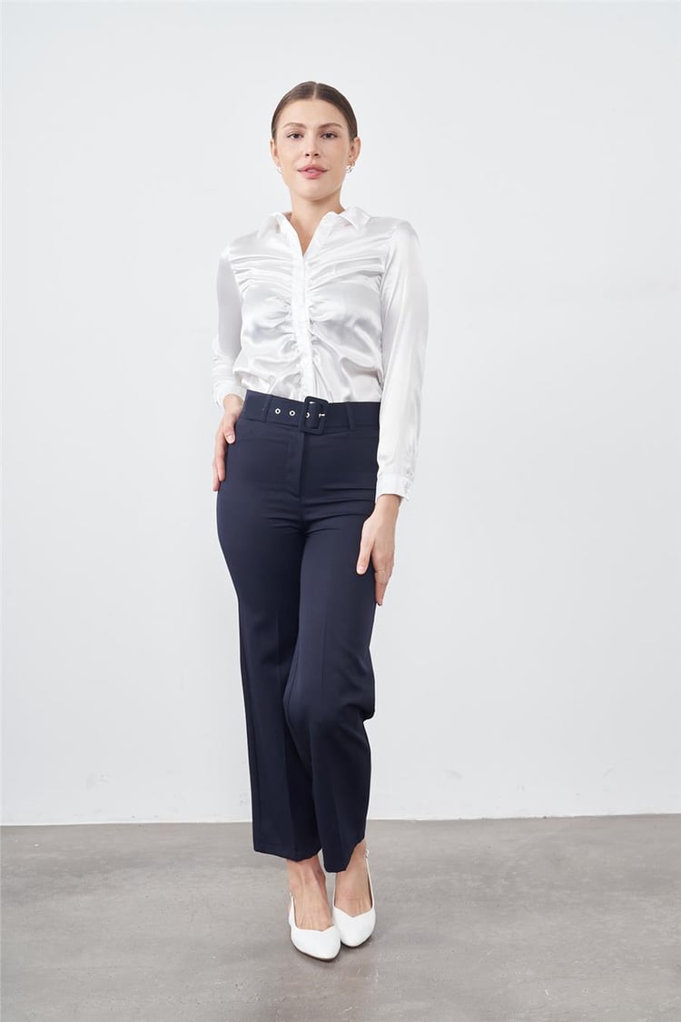 Güler Güleç 0014 Lacivert Kadın Geniş Paça Kemerli Pantolon