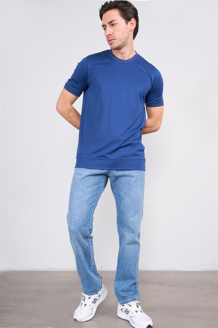 Halifaks A.Lacivert Erkek 12651 Trikolu Bısıklet Yaka Kısa Kol Etek Ribana Interlok T-Shirt