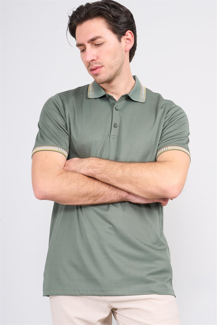 Halifaks Haki Erkek 12637 Düğmelı Kuşaklı Polo Kısa Kol Etek Recme Interlokok T-Shirt