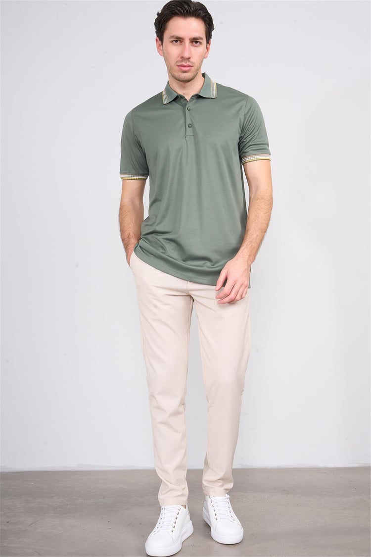 Halifaks Haki Erkek 12637 Düğmelı Kuşaklı Polo Kısa Kol Etek Recme Interlokok T-Shirt