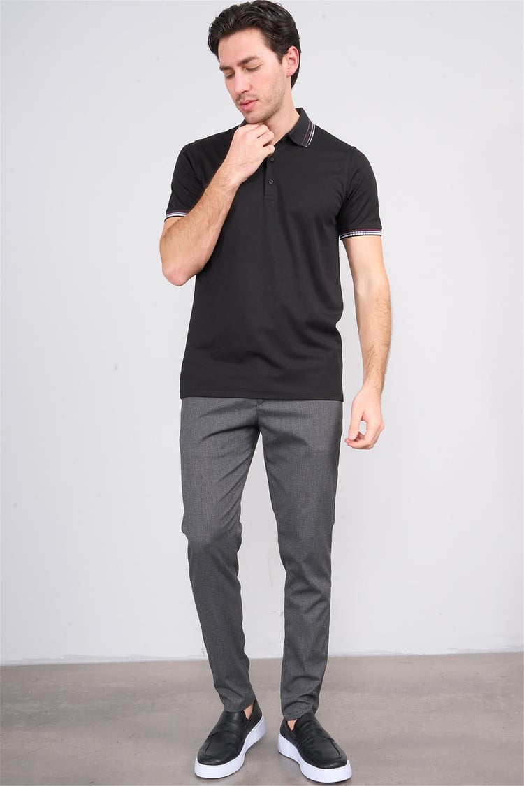 Halifaks Siyah Erkek 12637 Düğmelı Kuşaklı Polo Kısa Kol Etek Recme Interlokok T-Shirt